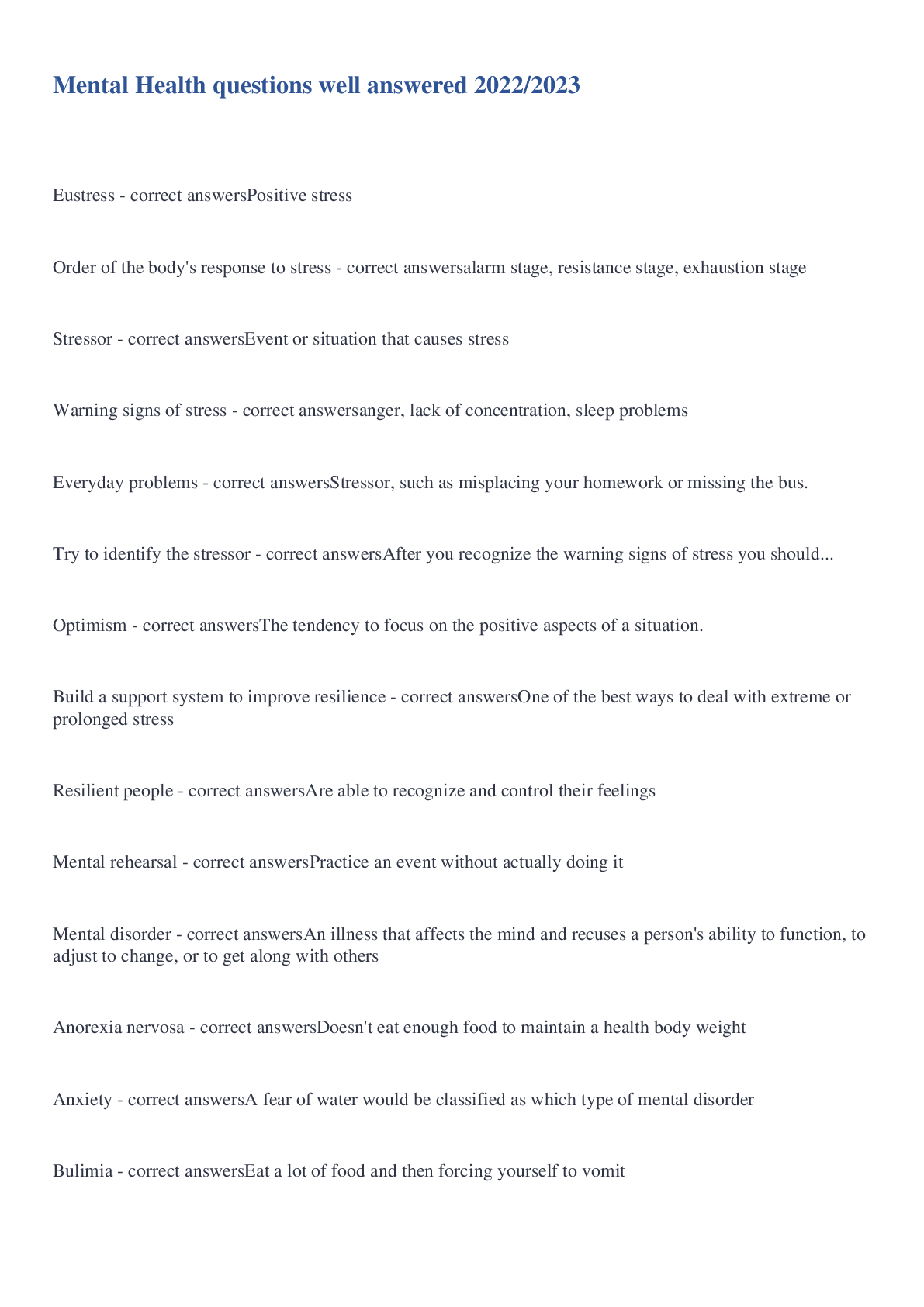 Preview image for Mental Health questions well answered 2022/2023